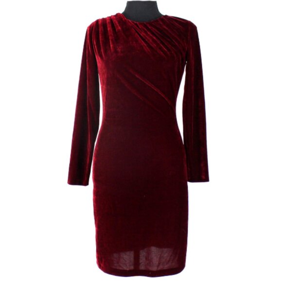 Reiss Matty Velvet Bodycon Mini Dress Burgundy Drape Detail Long Sleeves Size 6 - Picture 2 of 9